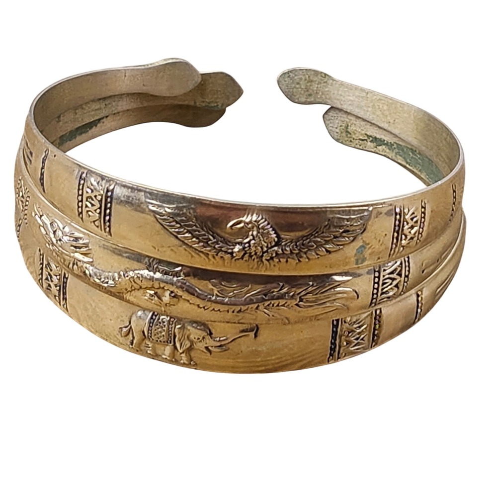 VTG Set of 3 Etched Brass Cuff Bracelets Dragon Elephant Eagle Mythical Bangles